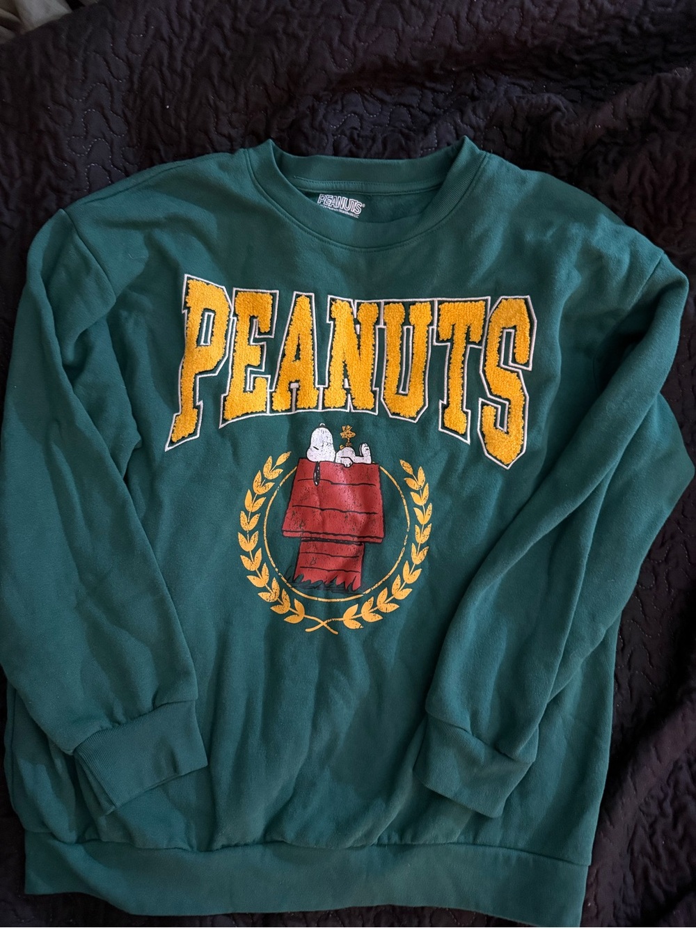 Peanuts Crewneck Sweater by Peanuts - Forest Green with Yellow & Red Graphics